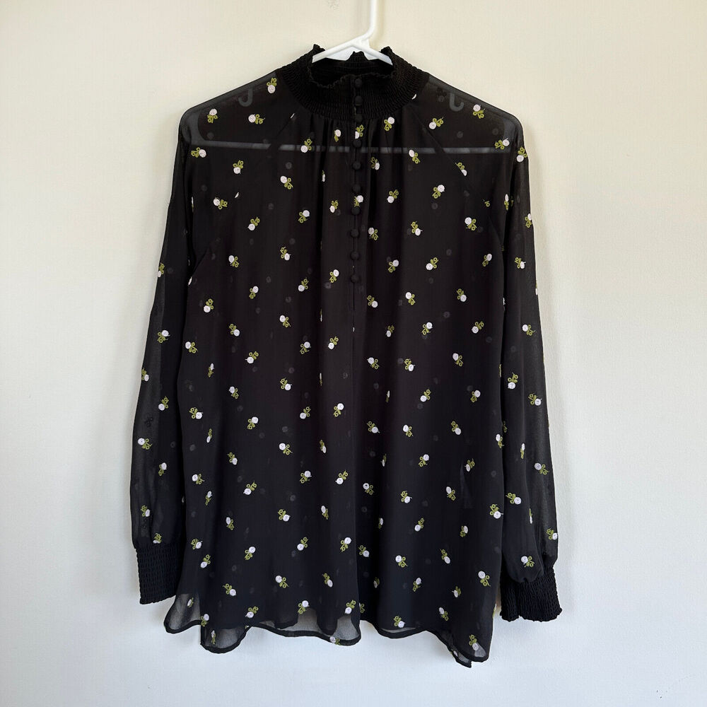 Cabi Blouse Womens XS Embroidered Floral Flowy Semi Sheer Preppy Academia Black